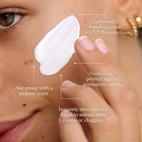 image 1, lightweight, broad spectrum UVA/UVB protection. non greasy with a natural scent. nourishes and protects against premature damage. instantly absorbs into skin without white residue or clogging. image 2, 5 UVA/UVB filters = broad spectrum UVA/UVB filters to protect against premature aging. panthenol (pro vitamin B5) known to soothe, soften and moisturise. vitamin e - protects against free radical damage and supports barrier function.