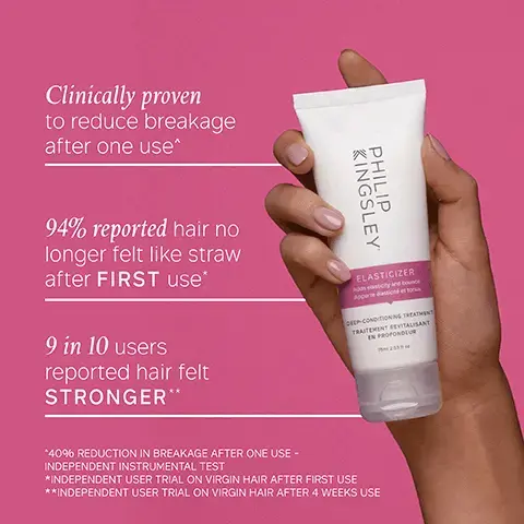 Image 1, Clinically proven to reduce breakage after one use^ 94% reported hair no longer felt like straw after FIRST use* 9 in 10 users reported hair felt STRONGER** KINGSLEY PHILIP ELASTICIZER Adds elasticity and bounce Apporte til et tous DEEP-CONDITIONING TREATMENT TRAITEMENT REVITALISANT EN PROFONDEUR *40% REDUCTION IN BREAKAGE AFTER ONE USE - INDEPENDENT INSTRUMENTAL TEST *INDEPENDENT USER TRIAL ON VIRGIN HAIR AFTER FIRST USE **INDEPENDENT USER TRIAL ON VIRGIN HAIR AFTER 4 WEEKS USE Image 2, Before After Image 3, KEY BENEFITS Brings dry hair back to life Restores elasticity and bounce Banishes tangles, frizz & straw-like ends Instant shine Tames tangles Image 4, KEY INGREDIENTS CASTOR OIL Helps lock in moisture OLIVE OIL Moisturizes, plus boosts health and shine! HYDROLYZED ELASTIN This protein helps strands stretch under tension Image 5, PHI KINGSLEY ELASTICIZER HOW TO USE m Apply to damp hair before shampooing Apply to mid-lengths & ends Cover with shower cap or towel Leave for at least 10-20 minutes Rinse & follow with shampoo and conditioner