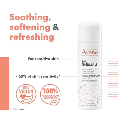 Image 1, soothing, softening and refreshing. for sensitive skin, 65% of skin sensitivity, info vegan, 100% natural origin ingredients. Image 2, all day hydration, makeup friendly, cooling spray after sun, itching sensations, after hair removal. image 3, suitable for babies, sensitive skin, use post procedure. Image 4, light water mist, refreshing and soothing effect.