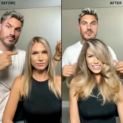 Image 1 - A split image shows a man standing behind a woman; on the left, labeled BEFORE, she has long, straight blonde hair and a neutral expression, while on the right, labeled AFTER, she smiles with voluminous, wavy blonde hair. Image 2 - A hand holds a white bottle of Color Wow Dream Cocktail Carb-infused Leave-In Thickening Treatment, with surrounding text highlighting its benefits: Heat protection, Vegan, cruelty-free, Leave-in thickening treatment, Sulphate-free + gluten-free, and Adds instant mass + body to fine, thin hair; the bottle also shows text in French Enrichi de glucides SOIN ÉPAISSISSANT SANS RINÇAGE and volume 200ml e 6.7 FL OZ. Image 3 - A white bottle of Color Wow Dream Cocktail Carb-infused Leave-In Thickening Treatment is displayed next to three piles of ingredients labeled Oats, Cellulose, and Starch, with additional text reading COLOR WOW, WOW, DREAM COCKTAIL, Enrichi de glucides, SOIN ÉPAISSISSANT SANS RINÇAGE, 200 ml e 6.7 FL OZ, and WEIGHTLESS CARB COMPLEX THICKENS EVERY STRAND. Image 4 - Three women with different hair colors and healthy styled hair are pictured above a table titled Which Cocktails Are Right For You?, outlining Problem, Dream Cocktail, and Result: Breakage, Kale-Infused Formula, 50% stronger hair with just one use; Dull, dehydrated-straw-like hair, Coconut-Infused Formula, Hydrates + silkens; Fine, limp hair, Carb-Infused Formula, Thickens + adds mass.
