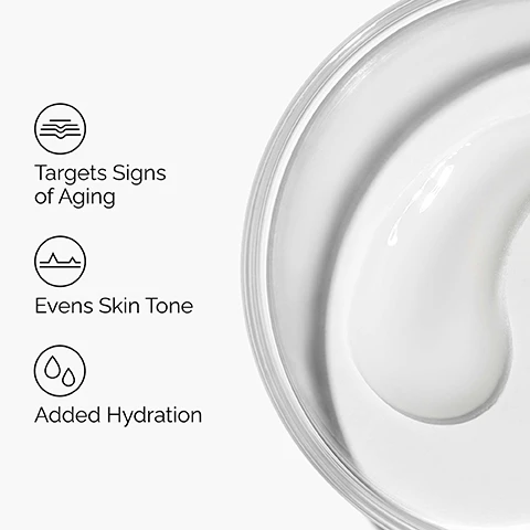 Image 1 - A close-up of a white cream in a clear container with text and icons describing product benefits: Targets Signs of Aging, Evens Skin Tone, Added Hydration. Image 2 - A person applies white cream to their cheek with their fingers, with three labels on the left showing Brightening, Age Support, and Antioxidant Support. Image 3 - The image displays a white background with black text on the left describing a product ingredient, and a thick, white, glossy wavy line of product on the right, with a connecting line from the ingredient name to the product. The text reads: Key ingredient in Vitamin C Suspension 23% + HA Spheres 2%: L-Ascorbic Acid A potent antioxidant that helps protect and brighten skin. Image 4 - The image shows a three-step skincare regimen from The Ordinary, featuring three tubes labeled Squalane Cleanser, Vitamin C Suspension 23% + HA Spheres 2%, and Natural Moisturizing Factors + HA, with text that reads A regimen for dull skin, followed by Prep Squalane Cleanser Cleanses skin and removes makeup, Treat Vitamin C Suspension 23% + HA Spheres 2% Brightens with a high-strength suspension formula, and Seal Natural Moisturizing Factors + HA Surface hydrator to strengthen the skins barrier.
