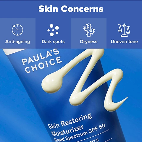 Image 2 - Image shows a tube of Paulas Choice Skin Restoring Moisturizer on a blue background with a white cream swirl, and the header text reads Skin Concerns featuring icons for anti-ageing, dark spots, dryness, and uneven tone.
Image 3 - An illustration on a blue background detailing three skincare ingredients: Avobenzone, which offers broad-spectrum sun protection; Niacinamide, which improves skin appearance; and Shea butter, known for its smoothing properties.
Image 4 - A blue tube of Paulas Choice Skin Restoring Moisturizer SPF 50 is centered against a light blue background, with text instructions on usage to the left that reads: Apply a liberal amount to face & neck 15 minutes before sun exposure. Reapply throughout the day. Wait 1-2 minutes before applying makeup.
Image 5 - Three skincare products are displayed: a gray bottle labeled Paulas Choice 6% Mandelic Acid 2% Lactic Acid Liquid Exfoliant, a black bottle labeled Paulas Choice 2% BHA Liquid Exfoliant, and a blue tube labeled Paulas Choice Skin Restoring Moisturizer Broad Spectrum SPF 50, with text highlighting benefits like Unclog Pores, Brighten & smooth, and Protect & smooth.