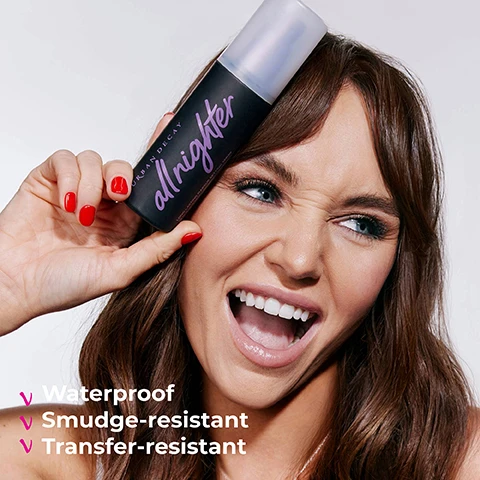 image 1, waterproof smudge resistant, transfer resistant. image 2, micro fine mist for an even application. image 3, up to 16 hour staying power. consumer test with 50 participants. image 4, travel size 15ml. full size 118ml. image 5, dewy, matte, the OG, hydrating.