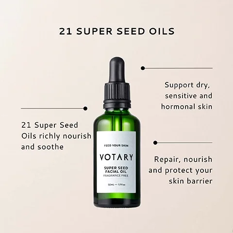 A green glass bottle with a dropper, labeled VOTARY SUPER SEED FACIAL OIL FRAGRANCE FREE, features the text 21 Super Seed Oils richly nourish and soothe, Support dry, sensitive and hormonal skin, and Repair, nourish and protect your skin barrier.