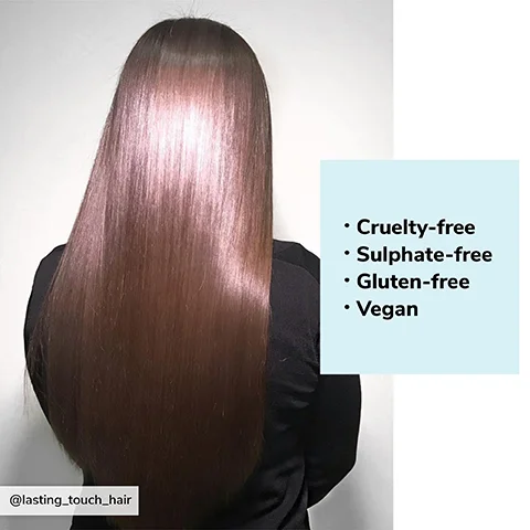 A person is shown from behind with long, straight, shiny brown hair, next to a light blue box listing Cruelty-free, Sulphate-free, Gluten-free, Vegan, with the handle @lasting_touch_hair in the bottom left corner.