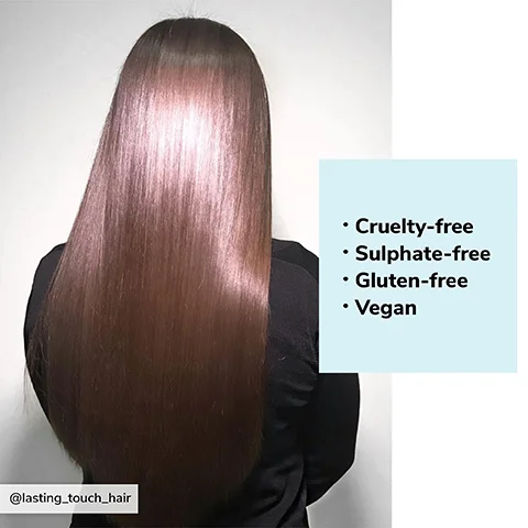 A person is shown from the back with long shiny brown hair, with accompanying text that lists Cruelty-free, Sulphate-free, Gluten-free, Vegan, and @lasting_touch_hair.