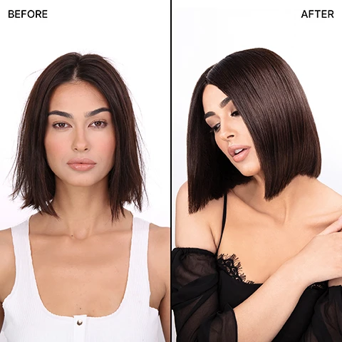 Image 2 - Before and after images of a woman showcasing a hairstyle transformation, with the left side labeled BEFORE showing the woman with shoulder-length, slightly tousled hair, and the right side labeled AFTER depicting her with sleek, straightened hair in a bob style.
Image 3 - Two side-by-side images of hair demonstrate the effects of a product: on the left, hair labeled WITHOUT DREAM COAT shows water absorption and frizz, while on the right, hair labeled WITH DREAM COAT shows water droplets repelling off, highlighting moisture and humidity resistance.
Image 4 - A clear bottle of Color WOW Dream Coat supernatural spray with a spray nozzle, surrounded by icons indicating features such as cruelty-free, vegan, lightweight, heat protectant, and the text Results last through 3-4 shampoos and Vegan, gluten-free, sulfate-free, paraben-free, no conditioning agents.
Image 5 - A smiling woman with glossy, styled dark brown hair poses with her right hand on her head, while a smaller inset image shows the same woman with frizzy, natural hair and the word BEFORE at the bottom.