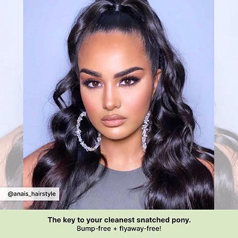 Image 1 - A woman with dark wavy hair styled in a high ponytail and large beaded hoop earrings looks at the camera, with the visible text @anais_hairstyle The key to your cleanest snatched pony. Bump-free + flyaway-free! Image 2 - A silver hairspray bottle with a black cap is surrounded by eight feature icons and text on a light green background; the bottle itself reads WOW COLOR WOW CULT FAVORITE FIRM + FLEXIBLE HAIRSPRAY super-fast drying + strong flexible hold wont distort color 50ml e 43g NET WT 1.5 OZ, and the surrounding text describes features including Brushable, touchable, reshappable, Cruelty-free, Humidity resistance, All-day hold, Firm + flexible hold, Not sticky or stiff, UV + heat protection, and Non-yellowing. Image 3 - A blonde woman with her hair styled in a high ponytail looks to the left, with text on the left side reading The key to a perfect snatched style.