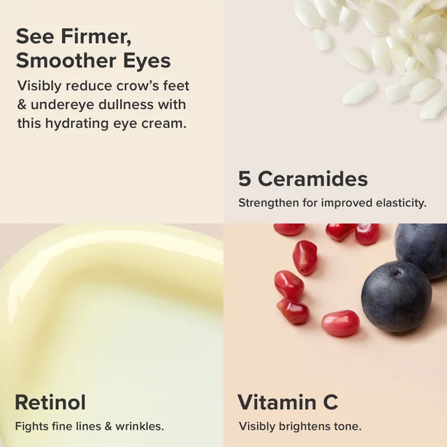 See firmer, smoother eyes - visibly reduce crow's feet and under eye dullness with this hydrating eye cream. 5 Ceramides strengthen for improved elasticity. Retinol fights fine lines and wrinkles. Vitamin C visibly brightens tone.