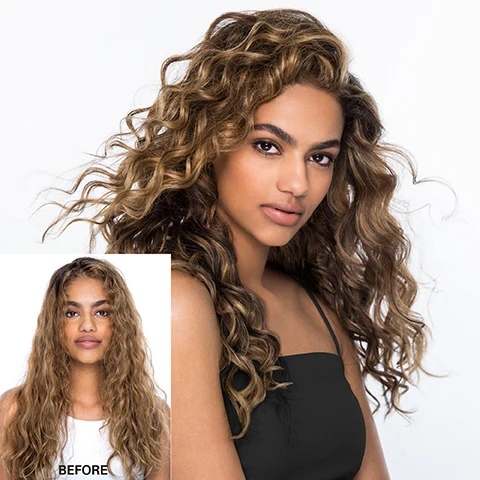 Image 2 - A woman with curly, highlighted hair is shown on the right, looking confidently at the camera, while a smaller image on the left labeled BEFORE depicts her with longer, wavier hair and a more casual expression.
Image 3 - A woman with long, curly hair poses for the camera, wearing a light gray top and subtle makeup, with a list of hair product benefits next to her that includes Alcohol-free, Anti-frizz, Weightless, Crunch-free, and Non-sticky.