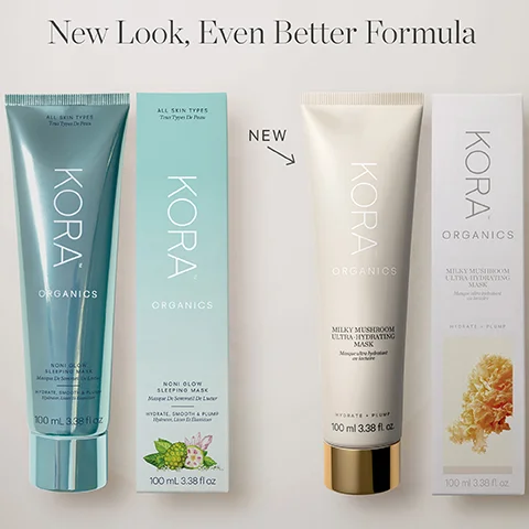 Image 1 - Two KORA Organics skincare products are shown side by side, one in a teal tube labeled Non-Glow and the other in a beige tube labeled Milky Mushroom Ultra Hydrating Mask, with the text New Look, Even Better Formula above them.