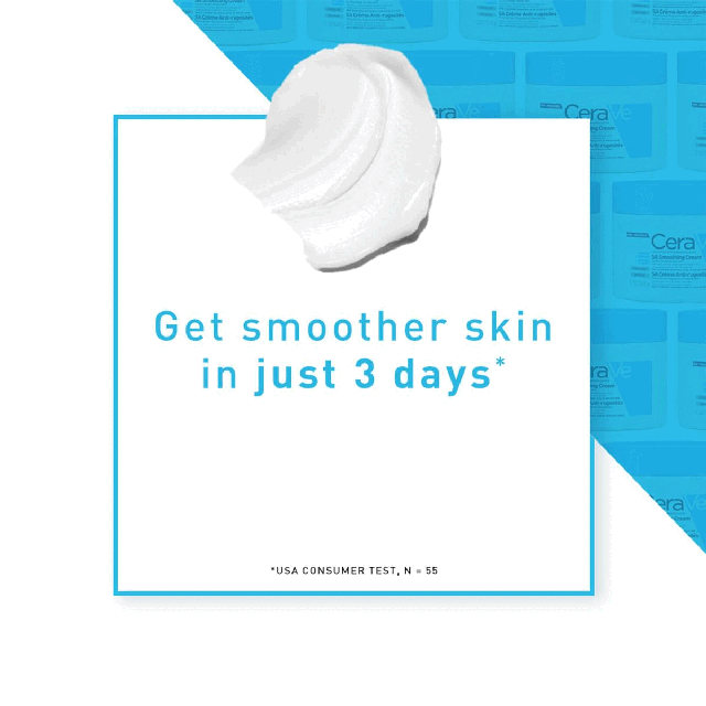 Image 1- Get smoother skin in just 3 days- USA consumer test, N=55 Image 2- salicylic acid helps exfoliate and smooth Image 3- ceraVe developed with dermatologists