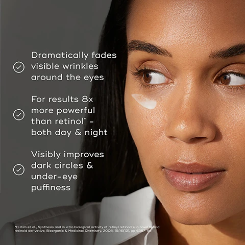 Image 1 - A close-up of a woman applying a cream under her right eye, with visible text promoting the products benefits, including fading wrinkles around the eyes, being eight times more powerful than retinol, and improving dark circles and under-eye puffiness.
Image 2 - Image of a silver serum bottle labeled MULTI-ACTION VITAMIN A EYE SERUM with bullet points listing key features: ENCAPSULATED RETINYL RETINOATE 8x more powerful than retinol, HESPERIDIN Tackles the appearance of dark circles, and CAFFEINE Improves the look of puffy, tired eyes, along with by Medi8 and EXCLUSIVE TO MEDIK8.
Image 3 - Image shows a display of three skincare products from the R-Retinoate range by Medik8, including r-Retinoate Day & Night Eye Serum, r-Retinoate Day & Night cream, and r-Retinoate Intense, with text indicating AM and PM usage times.
Image 4 - Image shows a skincare routine guide titled HOW TO LAYER, displaying product categories for morning (AM) and evening (PM) applications, including products labeled as Cleanse, Eye Serum, Vitamin C + Vitamin A, Sunscreen, and Moisturise, with brand name Medik8 visible on the products.