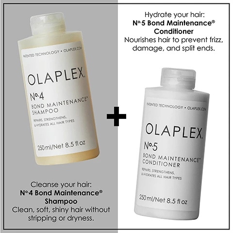 Image 1, Cleanse your hair with No4 bond maintenance shampoo that cleans, soft shiny hair without stripping or dryness, and Hydrate your hair with no5 bond maintenance conditioner that nourishes hair to prevent frizz damage and split ends. Image 2, the environment comes first, together with our updated carbon negative footprint from 2015 to 2021, we eliminate 35mm pounds of GHG from being emitted to the environment, we save 44k gallons of water from being wasted and 2we protect 57mm trees from being deforested. Image 3, hair cuticle before and after.