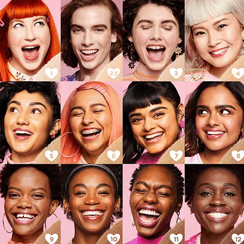 Image 1, 12 models of different skin tones wearing the foundation shades. Image 2, hello happy foundations. hello happy air stick foundation = glides on silky smooth, weightless, medium coverage, natural matte finish. Hello happy velvet powder foundation = lightweight and breathable, dual coverage, natural matte finish. hello happy flawless brightening foundation = brightening and stays put, medium coverage, natural, satin finish.