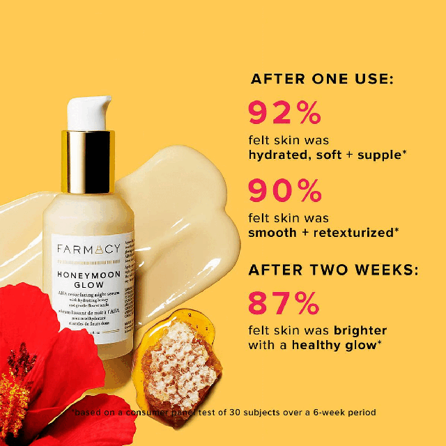 Image 1, After 1 use: 92% felt skin was hydrated, soft and supple*. 90% felt skin was smooth and retexturized*. After two weeks: 87& felt skin was brighter with a healthy glow*. *Based on consumer page test of 30 subjects over a 6-week period. Image 2, 10% AHA Blend - promotes cell renewal and target hyperpigmentation. 1% BHA (Willow Bark) reduces the appearance of pores. 3& Flower Acids targets fine lines and wrinkles whilst moisturising.