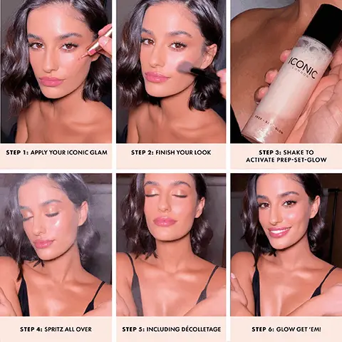 Image 1, ICONIC LONDON STEP 1: APPLY YOUR ICONIC GLAM STEP 2: FINISH YOUR LOOK STEP 3: SHAKE TO ACTIVATE PREP-SET-GLOW STEP 4: SPRITZ ALL OVER STEP 5: INCLUDING DÉCOLLETAGE STEP 6: GLOW GET 'EM! Image 2, APPLY TO BARE SKIN SET FINISHED GLAM