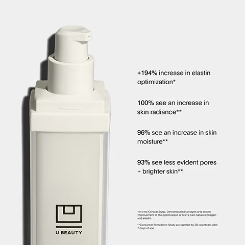 Image 1 - A white skincare product bottle with a pump top is displayed against a light background, to the right are claims stating +194% increase in elastin optimization, 100% see an increase in skin radiance, 96% see an increase in skin moisture, and 93% see less evident pores + brighter skin.
