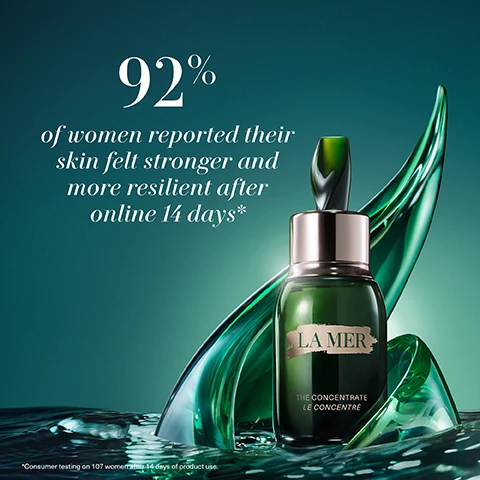 Image 1 - A green glass bottle of La Mer skincare product, titled The Concentrate, is surrounded by flowing green gel-like elements, with the text stating 92% of women reported their skin felt stronger and more resilient after 14 days* in white font above, and a note at the bottom citing consumer testing on 107 women.
Image 2 - An arrangement of three skincare products from La Mer, including The Eye Concentrate, The Concentrate, and The Night Concentrate, with descriptive text highlighting their benefits and usage times, displayed against a dark green background.