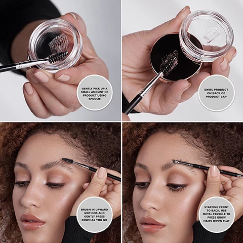 Image 1, gently pick up a small amount of product using spoolie. swirl product on back of product cap. brush in upqard motions and gently press down as you go. starting front to back, use metal ferrule to press brow hairs down flat. Image 2, 6 images showing the before and afters using the product Text, before, frozen. Image 3 and 4, before and frozen