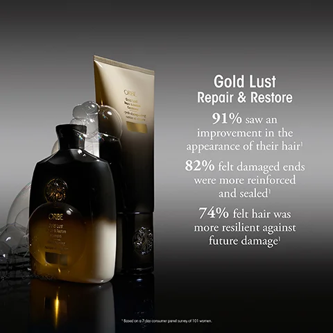 Two bottles of Oribe Gold Lust hair products, one round and one rectangular, are shown with text that says Gold Lust Repair & Restore 91% saw an improvement in the appearance of their hair¹ 82% felt damaged ends were more reinforced and sealed¹ 74% felt hair was more resilient against future damage¹ ¹Based on a 7-day consumer panel survey of 101 women.