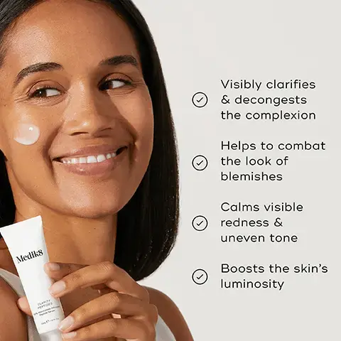 Image 1, Medik8 Visibly clarifies & decongests the complexion Helps to combat the look of blemishes Calms visible redness & uneven tone Boosts the skin's luminosity Image 2, AM PM HOW TO LAYER Mediks Mediks Mediks Mediks CLEANSE TONE TARGET SUNSCREEN Modis Mediks Mediks Mediks CLEANSE TARGET VITAMIN A MOISTURISE Image 3,  A silver tube of Medik8 Clarity Peptides serum is displayed on a white surface, with labeled text detailing key ingredients: Niacinamide (10%) - visibly calms skin & supports its natural barrier, Crystalide Peptide - promotes even, luminous-looking skin, and Zinc PCA - helps to balance blemish-causing bacteria.