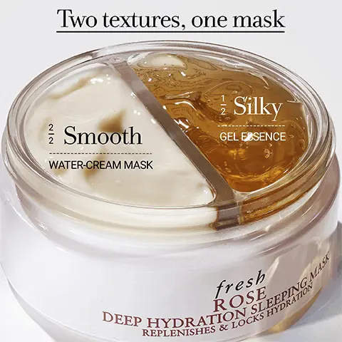 Image 1, Two Textures, one mask, smooth water-cream mask, 1/2 silky gel essence. Image 2, Replenishes and locks in moisture, delivers continuous hydration, reveals supple, smooth dewy skin by morning. Image 3, Rose deep hydration sleeping mask, 24 hr moisture lock, 100% felt their skin was supple, dewy and smooth, 100% noticed the look of a full night's rest. Image 4, Step 1: apply the gel essence and let it absorb, step 2: follow with the water cream mask