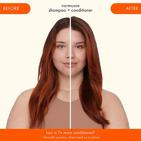Image 1, before and after using normcore shampoo and conditioner. hair is 7 times more conditioned, clinically proven when used as a system. image 2, rich in vitamins and antioxidants. coconut acid = helps lather and condition. sea buckthorn = superfruit loaded with vitamins to nourish hair. image 3, signature results. 91% agree normcore shampoo gently cleanses hair without stripping moisture. hair is 7 times more conditioned. 94% agree hair felt nourished. clinically proven, when used as a system. based on a consumer at home test of 51 participants. image 4, before and after using normcore shampoo and conditioner. hair is 7 times more conditioned, clinically proven when used as a system. image 5, before and after, wahsed hair with normcore shampoo and conditioner, then applied soulfood mask. image 6, haircare essentials. detangle and heat protect. moisturise and soften. absorb oil and reduce odor. for nourishing cleanse and condition. image 7, which shampoo and conditioner is the one? normcore signature shampoo and conditioner: benefit = provides nourishment and softness. ingredients = coconut acid, shea butter, sea buckthorn. hair type = fine to medium hair types, 1-2c that need nourishment and softening. mirrorball high shine and protect antioxidant shampoo and conditioner: benefit = brilliant shine and helps protect against pollution buildup. ingredients = red wine extract, grape leaf extract, magnolia and ginger extract, sea buckthorn. hair type = fine to medium hair types 1-3c that are combatting dullness. the kure bond repair shampoo and conditioner: benefit = repairs damage and strengthens while providing moisture. ingredients = bond cure technology, plant butters, vegan proteins, sea buckthorn. hair type = all types 1-4c best for high porosity hair. hydro rush intense moisture shampoo and conditioner: benefit = deep hydration. ingredients = squalane, hyaluronic acid, plyglutamic acid, coconut water, blue/green algae. image 8, packaging with purpose. why refill-pouches? amika is a friend to the planet and by choosing this refill-pouch you are too! these lower carbon emissions by 98.4% when compared to traditional, virgin plastic bottles. when used for 1 year, compared to our traditional HDPE packaging.