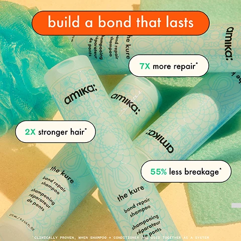 Image 1, build a bond that lasts, 7 times more repair, 2 times stronger hair, 55% less breakage. clinically proven, when shampoo and conditioner are used together as a system. image 2 and 3, before and after. washed hair with the kure shampoo and conditioner, then applied kure bon repair mask for 10 minutes, hair unretouched. image 4, packed with hair-loving ingredients. sea buckthorn - superfruit loaded with vitamins to nourish hair. plant butters - vitamin rich mango butter, borage oil and shea bvutter. bond cure technology - targets bonds in hair that are most prone to breakage. vegan proteins - amino acids that can provide keratin like benefits. image 5 and 6, before and after. washed hair with the kure shampoo, conditioner and milti task repair treatment then styled. hair unretouched. image 7, your strongest hair yet. gently cleanse and repair. hydrate damaged strands. reduce breakage and prevent further damage. instantly seal split ends. strengthen and repair in 60 seconds. clinically tested.nimage 8. which shampoo and conditioner is the one? normcore signature shampoo and conditioner - benefit = provides nourishment and softness, ingredients = coconut acid, shea butter and sea buckthorn, hair type = fine to medium hair types 1-2c that need nourishment and softening. mirrorball high shine and protect antioxidant shampoo and conditioner - benefit = brilliant shine and helps protect against pollution build up, ingredients = red wine extract, grape leaf extract, magnolia and ginger extract, sea buckthorn, hair type = fine-medium hair types, 1-3c that are combatting dullness. the kure bond repair shampoo and conditioner - benefit = repairs damage and strengthens while providing moisture, ingredients = bond cure technology,lant butters, vegan proteins and sea buckthorn, hair type = all hair types 1-4c, best for high porosity hair. hydro rush intense moisture shampoo and conditioner - benefit = deep hydration, ingredients = squalane, hyaluronic acid, polyglutamic acid, coconut water, blue and green algae, hair type = dry, dehydrated and coarse hair 2a-4c best for low porosity hair.