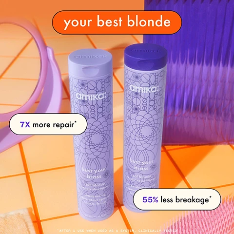 Image 1, your best blonde, 7 times more repair, 55% less breakage. image 2, before and after using bust your brass shampoo and conditioner. 7 times more repair, clinically proven when shampoo, conditioner are used together as a system. image 3, wave bye bye to brass. plant butters = vitamin rich mango butter, borage oil and shea butter. bond cure technology = targets bonds in hair that are most prone to breakage. vegan proteins = derived from quinoa, provides keratin like benefits. ultra violet pigments = counteracts yellow and brassy tones. image 4, bust your brass routines, all blondes welcome. natural blondes every 4 washes and mask once a week. colour treated blondes = every 2 washes, mask ones a week. platinum blondes = every 2 washes, mask once per week. natural silvers and greys = every wash, mask every wash. textured blondes = every 2 washes, mask every 2 washes. image 5, bond with your blond. cleanse and tone brassy hues. repair, hydrate and tone. condition, tone and strengthen hair. image 6, 7 and 8, before and after using bust your brass shampoo and conditioner. 7 times more repair, clinically proven when shampoo, conditioner are used together as a system. image 9, packaging with purpose. why refill-pouches? amika is a friend to the planet and by choosing this refill-pouch you are too! these lower carbon emissions by 98.4% when compared to traditional, virgin plastic bottles. when used for 1 year, compared to our traditional HDPE packaging.