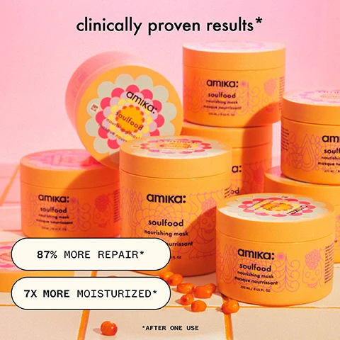 Image 1, clinically proven results. 87% more repair. 7 times more moisturised. after one use. image 2, after 1 use: 100% said hair was softer and more moisturised. 100% said hair looked and felt healthy. 100% said hair was deeply conditioned. based on consumer testing of 30 participants. image 3, feed your soul. jojoba seed oil = a great moisturiser to help soften hair. sea buckthorn = loaded with antioxidants to keep hair healthy. image 4, before and after - washed hair for normcore shampoo and conditioner, then applied soulfood mask. hair unretouched. image 5 and 6, before and after using souldfood nourishing mask. hair is 7 times more moisturised after one use. image 7, haircare essentials. detangle and heat protect. moisturise and soften. for nourishing cleanse and condition. absorb oil and reduce odor. image 8, a hair mask for every ask. hydro rush intense moisture mask: concern - intense dryness and dehyration. benefit = boosts intense moisture for 5 days after one use. ingredients = hyaluronic acid, squalane, coconut water. hair type = dry, coarse, 2c-4c hair, low porosity. the kure intense repair mask: concern = damage, breakage. benefit = strengthens hair and leaves it 8 times more repaired after one use. ingredients = bond cure technology, vegan proteins, plant butters. hair type = all 1c-4c hair, high porosity. soulfood nourishing mask: concern = dryness. benefit = nourishes, softens and leaves hair 7 times more moisturised after one use. ingredients = jojoba seed oil, sea buckthorn. hair type = all 1-4c hair, all porosity. burst your brass intense repair mask: concern = brassiness and damage. benefit = tones hair and leaves it 8 times more repaired after one use. ingredients = bond cure technology, vegan proteins, plant butters, ultra violet pigments. hair type = all blonde, silver or grey 1-4c hair, high porosity. dream routine overnight hydration treatment: concern = dryness. benefits = boosts moisture for 72 hours and results in hair that is 3 times more hydrated by morning. ingredients = hyaluronic acid, blue/green algae, polyglutamic acid, bio-fermented coconut water. hair type = all 1-4c hair experiencing dryness all porosity. clinically proven.