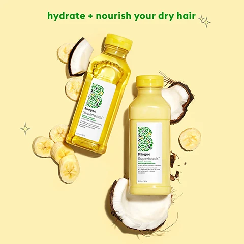Image 1 - Two bottles of Briogeo Superfoods hair products are placed on a light yellow background, surrounded by banana slices and coconut halves, with text that reads hydrate + nourish your dry hair.
Image 2 - Image shows a colorful arrangement of four bottles labeled Briogeo Superfoods, a banana, an avocado, a kiwi, and other fruits with a gradient orange background, along with the text Briogeo Superfoods collection nourishes + hydrates hair with fruits, vegetables and vitamins.