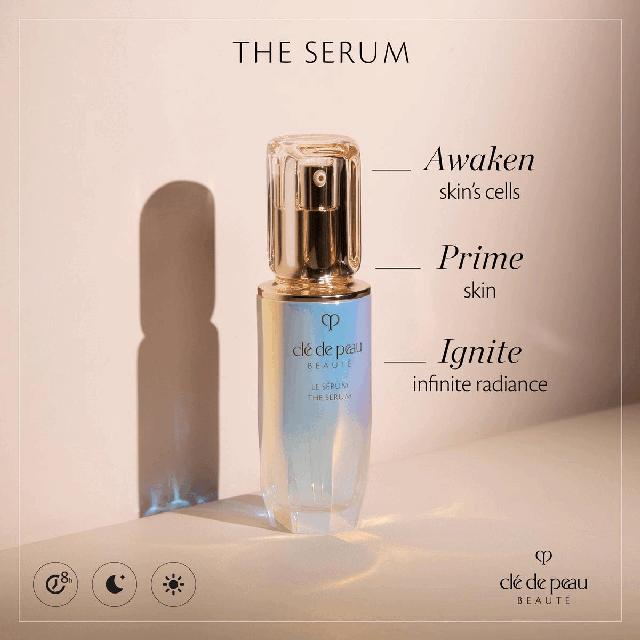 Image 1, the serum awaken skin's cells prime skin ignite infinite radiance. Image 2, Ingredient breakdown and their benefits. Image 3, Daily ritual with the serum, hydro-softening lotion and protective fortifying emulsion