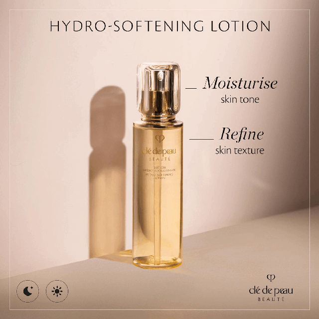 Image 1, hydro-softening lotion moisturise skin tone refine skin texture. Image 2, Daily ritual with the serum, hydro-softening lotion and protective fortifying emulsion. Image 3, key radiance care 3 daily steps for infinite radiance