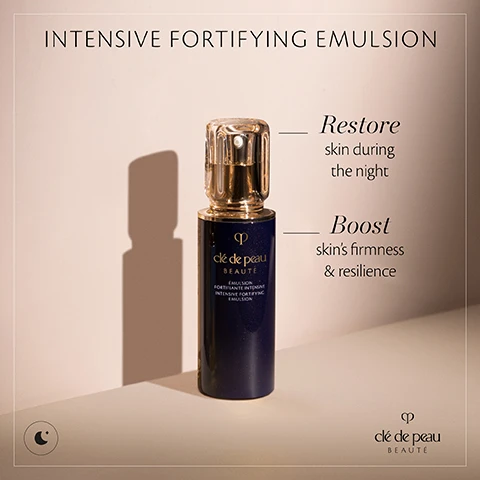 Image 1 - A sleek, blue bottle of Clé de Peau Beauté Intensive Fortifying Emulsion is shown against a light background, with text that reads Restore skin during the night and Boost skins firmness & resilience.
Image 2 - An elegant image featuring five ingredients laid out on a dark surface, with labels for each: Perilla, Platinum Golden Silk, Theanine, Angelica Acutiloba, and Japanese Pearl, accompanied by the text SKIN-EMPOWERING ILLUMINATOR and 5 precious ingredients to support your skins ability to restore & protect itself at the top.
Image 3 - Three skincare products are displayed against a softly lit background, with the labels reading 1 Awaken The Serum, 2 Nurture Hydro-Softening Lotion, and 3 Boost Intensive Fortifying Emulsion, all from Clé de Peau Beauté.