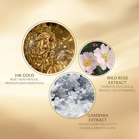 Image 1 - The image features three circular sections showcasing ingredients: a close-up of golden swirls representing 24K gold with the text 24K GOLD RESET SKIN FATIGUE, PREVENTS SKIN OXIDATION; pink wild roses with the text WILD ROSE EXTRACT IMPROVES DULLNESS & REDUCE LOSS OF FIRMNESS; and white flowers representing gardenia with the text GARDENIA EXTRACT PROVEN INHIBITING EFFECTS ON SKIN CARBONYLATION, all set against a soft golden background.
Image 2 - A golden skincare serum and cream are displayed on a reflective surface, with visible text highlighting a 34% reduction in wrinkles, 24% increase in firmness, and 21% increase in luminosity, along with the product names and a note about clinical results in six weeks.
Image 3 - The image shows a collection of skincare products including a gold serum, a gold mask jar, and a brush, with a gold cream-like texture in the background; visible text includes STEP 01 RESTORE SKINS VITALITY and STEP 02 RESET WEEKLY DAMAGE.