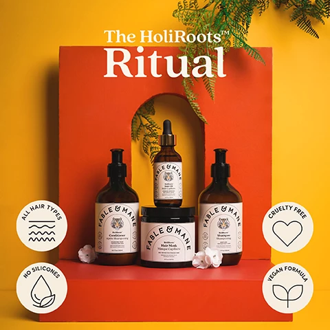 image 1 and 2, holiroots hair mask before and after. image 3, the holiroots ritual. all hair types, no silicones, cruelty free, vegan formula