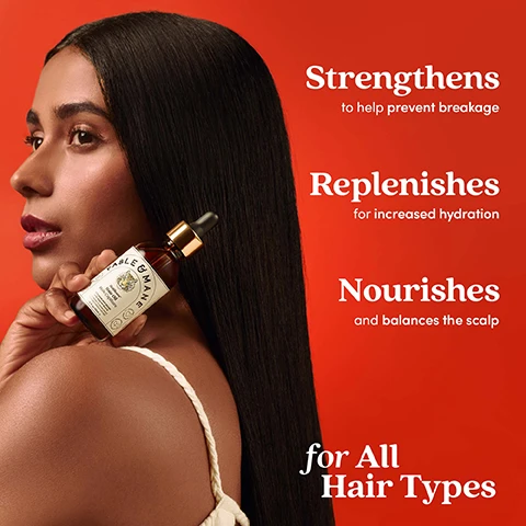 Image 1 - A woman with long, sleek dark hair holds a bottle of hair oil against a bright red background, with the words Strengthens to help prevent breakage, Replenishes for increased hydration, Nourishes and balances the scalp, and for All Hair Types prominently displayed around her.
Image 2 - Image shows a bottle of Fable & Mane Hair Oil surrounded by Ayurvedic herbs like Amla and Ashwagandha, with labels indicating their benefits; visible text includes Fable & Mane and Holistic Plant Roots.
Image 3 - Image shows a side-by-side comparison of a persons hairline; the top half labeled Before shows sparse hair at the forehead, and the bottom half labeled After shows fuller hair at the same area, with a hand gently pulling back the hair to reveal the difference, and small text at the bottom reads Individual results may vary.
Image 4 - A woman with long, braided hair is holding a bottle of hair serum, with a red background and the text The Fable Promise at the top; icons around her indicate the product is suitable for all hair types, cruelty-free, with no silicones, and a vegan formula.
Image 5 - A hand holding a dropper above a bottle of hair oil, accompanied by statistics showing that 92% of participants said their hair felt thicker, 92% said their scalp felt more nourished, and 96% noticed less hair breakage from brushing, with a note on the consumer survey of 25 participants after 2 weeks.
Image 6 - Image of a translucent dropper dispensing oil with a light beige background, featuring the text a lightweight pre-wash scalp and hair oil for Stronger, Healthier looking Hair.