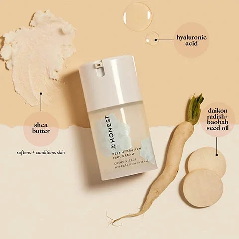 shea butter, softens and conditions skin, hyaluronic acid, daikobn, radish, baobab seed oil.