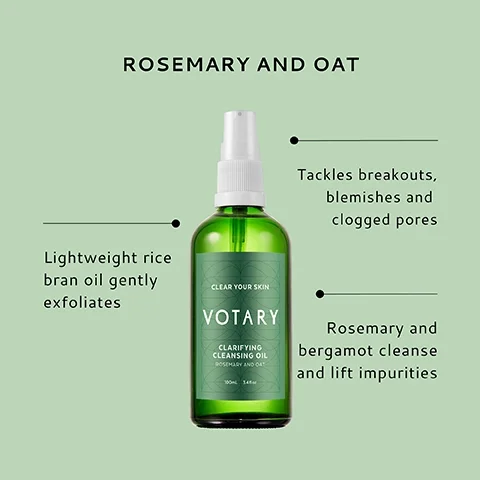 A green bottle of Votary clarifying cleansing oil labeled Rosemary and Oat with a spray top, surrounded by text highlighting its benefits: Lightweight rice bran oil gently exfoliates, Tackles breakouts, blemishes and clogged pores, and Rosemary and bergamot cleanse and lift impurities.