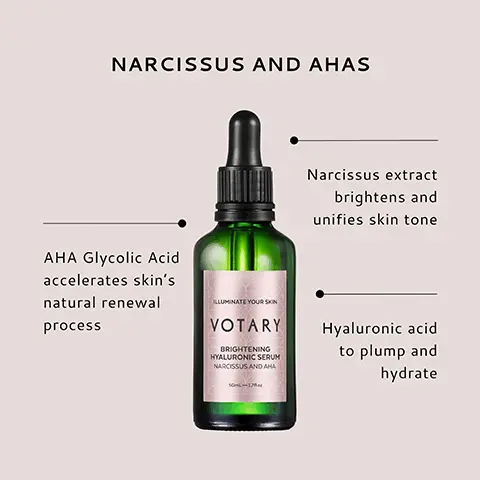 Image 1, NARCISSUS AND AHAS Narcissus extract brightens and unifies skin tone AHA Glycolic Acid accelerates skin's natural renewal process LLUMINATE YOUR SKIN VOTARY BRIGHTENING HYALURONIC SERUM NARCISSUS AND AHA Hyaluronic acid to plump and hydrate Image 2, CLINICALLY PROVEN TO REDUCE DISCOLOURATION & INCREASE MOISTURE LEVELS 100% SAY SKIN FEELS REFRESHED 94% SAY SKIN TEXTURE IS IMPROVED 84% SAY SKIN IS VISIBLY BRIGHTER VOTARY ALUMINATE YOUR SKIN VOTARY BRIGHTENING HYALURONIC SERUM NARCISSUS AND AHA