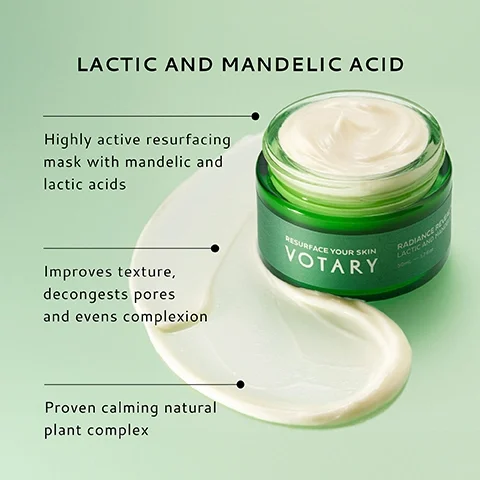 A green jar of Votary skincare cream with a creamy mask inside sits on a light background with a smear of the cream beside it, accompanied by text stating Lactic and Mandelic Acid, Highly active resurfacing mask with mandelic and lactic acids, Improves texture, decongests pores and evens complexion, and Proven calming natural plant complex.