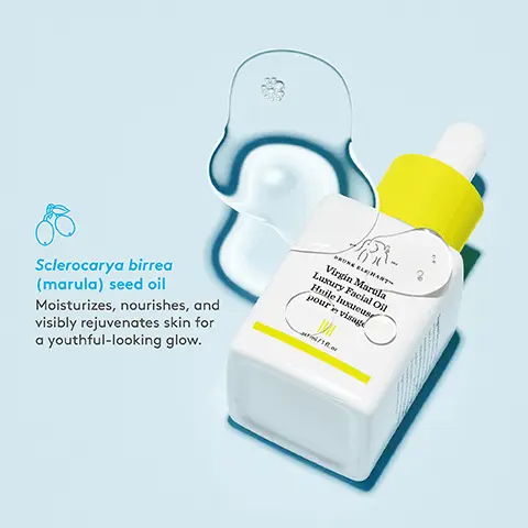 Image 1, OR Sclerocarya birrea (marula) seed oil Moisturizes, nourishes, and visibly rejuvenates skin for a youthful-looking glow. Virgin Marula Luxury Facial Oil Huile luxueus pour visage Image 2, Lay 93% agreed skin felt hydrated* 91% agreed skin felt softer* 90% agreed skin looked renewed* *In a consumer-perception study with 101 people after 28 days of use Image 3, here comes the sun smoothie for a healthy, bronzy glow 1 DROP D-Bronzi 1 PUMP B-Hydra 1-2 DROPS Virgin Marula Oil Mix it all together and apply.