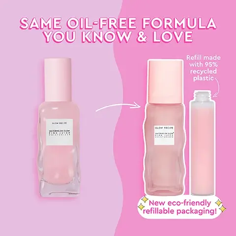 Image 1, same oil free formula you know and love. new eco friendly refillable packaging. refill made with 95% recycled plastic. image 2, why refills? our watermelon pink juice moisturiser is a refillable and recyclable moisturiser designed to help reduce its environmental impact, made with a 95% PCR refillable tube. this product generates up to 59% less carbon emissions and 51% less waste compared to a typical single use moisturiser. each time you buy a refill, you save 66% of carbon emissions and 85% of waste. compared to repurchasing the full sized watermelon glow pink juice moisturise. supporting data available at learn.bluebirdclimate.com/about/glow-recipe. image 3, which moisturiser is right for your skin today? watermelon glow pink juice moisturiser = fast absorbing oil free hydration. soothes and boosts radiance. lightweight, water-gel texture. best for normal, combo and oily skin. plum pump hyaluronic cream = long lasting dewy hydration. plumps and balances skin. whipped gel cream texture. best for normal, combo and dry skin. both moisturisers deeply hydrate skin, use either AM or PM based on skin's needs. both moisturisers are refillable and 100% recyclable. image 3, hydrate, soothe and glow. watermelon extract hydrates, soothes and delivers essential vitamins and amino acids. hyaluronic acid hydrates skin by holding 1000 times it's weight in moisture. glycerin an effective humectant that helps to moisturise, soften and prevent water loss in the skin.