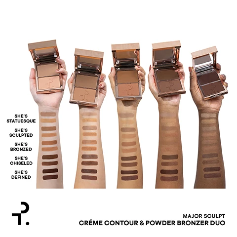 Image 1 - Five arms are shown holding makeup compacts with varying skin tones, each arm features swatches in different shades below, with labels including SHES STATUESQUE, SHES SCULPTED, SHES BRONZED, SHES CHISELED, and SHES DEFINED; the bottom text reads MAJOR SCULPT CRÉME CONTOUR & POWDER BRONZER DUO.
Image 2 - A compact makeup palette featuring a mirror, with one side containing a dark contour cream and the other side a bronzer powder, accompanied by text that reads Major Sculpt Crème Contour & Powder Bronzer Duo, The powder warms and illuminates the skin, and The crème naturally shapes and defines.
Image 3 - A side-by-side comparison of a womans face labeled Before on the left and After on the right, showcasing a glowing complexion with the after image highlighting the makeup shade Shes Chiseled.
Image 4 - Three side-by-side images of a woman displaying different makeup effects: the left shows her with major skin foundation, the middle with crème contour, and the right with crème contour and powder bronzer; visible text includes Major Skin Foundation, With Crème Contour, With Crème Contour and Powder Bronzer, and Shade She’s Chiseled.
Image 5 - A woman with a smooth complexion is shown with makeup applied to specific areas of her face, labeled as forehead, cheek, nose, and jaw, accompanied by text that reads APPLY CRÈME TO DEFINE THE INDICATED AREAS. TOP WITH POWDER FOR WARMTH AND DIMENSION. MAJOR SCULPT PLACEMENT GUIDE.