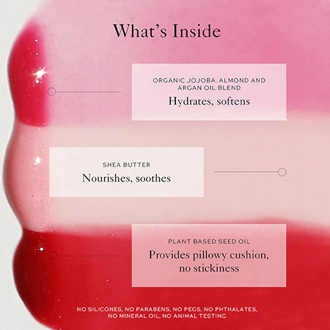 Image 1 - An abstract image featuring a gradient of pink and red colors with the text Whats Inside at the top, followed by three ingredient descriptions: Organic Jojoba, almond and argan oil blend - Hydrates, softens, Shea butter - Nourishes, soothes, and Plant based seed oil - Provides pillowy cushion, no stickiness, with a disclaimer at the bottom stating No silicones, no parabens, no pegs, no phthalates, no mineral oil, no animal testing.
Image 2 - A close-up image of a dark bottle with a wand applicator featuring a pink tip, displaying text that reads hydrating and softening ingredients, nourishing and soothing components, and benefits of a pillowy cushion without stickiness.