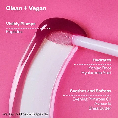 Image 1 - A lip gloss applicator applies dark berry lip oil onto a pink surface with text overlay Clean + Vegan Visibly Plumps Peptides Hydrates Konjac Root Hyaluronic Acid Soothes and Softens Evening Primrose Oil Avocado Shea Butter Wet Lip Oil Gloss in Grapesicle. Image 2 - Three glossy lip product swatches in red, brown, and pinkish-lavender with text Slushy Sheer Cherry Red, Cola Sheer Rich Brown, Grapesicle Sheer Pinkish Lavender.