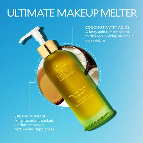 Image 1 - A green bottle of Tata Harper Nourishing Oil Cleanser with a gold pump top is angled on a blue background, next to a cut coconut and a swirl of brown liquid, with overlay text that states: ULTIMATE MAKEUP MELTER, TATA HARPER NEXT GENERATION BEAUTY, Nourishing Oil Cleanser, Multi-Vitamin Cleansing Treatment, COCONUT FATTY ACIDS A fatty acid rich emollient to dissolve buildup and melt away debris, and SACHA INCHI OIL An antioxidant packed oil that improves texture and suppleness. Image 2 - The image features two Tata Harper pump bottles, a yellow Nourishing Oil Cleanser and a green Regenerating Cleanser, alongside text describing a skincare routine: 2 Steps, 1 Radiant Result, Discover our Double Cleanse Ritual, Step 1 Nourishing Oil Cleanser Massage 1-2 pumps over skin to erase every trace of makeup and SPF, Step 2 Regenerating Cleanser Apply to dry skin, massage gently, then rinse to reveal fresh, radiant skin; the yellow bottle also reads TATA HARPER NOURISHING OIL CLEANSER Multivitamin Cleansing Treatment 4.1 fl. oz., and the green bottle reads TATA HARPER REGENERATING CLEANSER Daily Exfoliating Treatment 4.1 fl. oz. Image 3 - A split image shows a woman with short dark hair and a maroon top, with the left side showing her face with light makeup and the text BEFORE, and the right side showing her face with a more natural look and the text AFTER. Image 4 - A close-up of a person with glowing skin gently touching their face below their left eye where smudged makeup is visible, with the text 100% agree it removed makeup quickly and SPF easily* *Self-assessment from clinical, 32 women, after one use. Image 5 - A yellow and green bottle of Tata Harper Nourishing Oil Cleanser with a white pump is displayed on a light background with a blurred sunflower, white rose, and an olive, alongside text that reads Rich, Silky Blend, Sunflower Esters Dissolves makeup, SPF, Camellia Oil Strengthens barrier, Phytosqualane Boosts hydration, Tata Harper, Nourishing Oil Cleanser, Multivitamin Cleansing Treatment, 4.1 FL OZ.