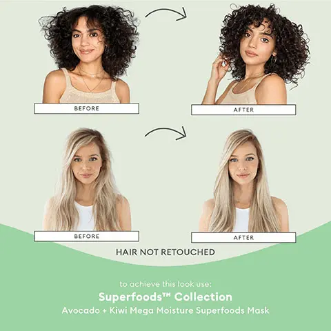 Image 1, two sets of before and after images where hair appears smooth and shiny after use. text- Hair Not Retouched, to achieve this look use Superfoods Collection Avocado and Kiwi Mega Moisture Superfoods Mask. Image 2, Scientifically proven to boost moisture. Boost moisture for softer, smoother, and more manageable hair after two uses. Image 3, Showing products in the range. Text- Briogeo Superfoods collection nourishes and hydrates hair with fruits, vegetables and vitamins