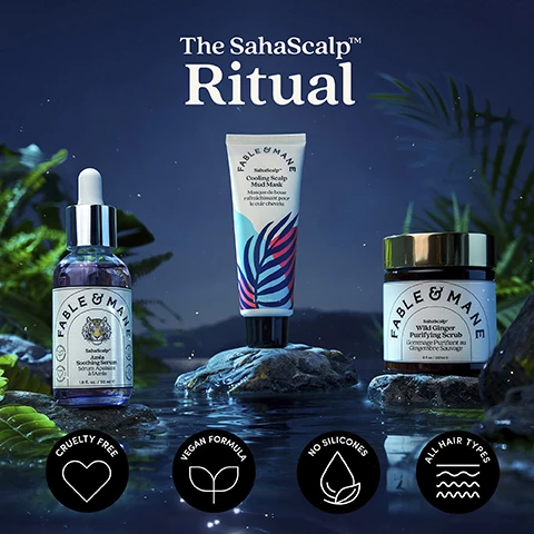 image 1, the holiroots ritual. all hair types, no silicones, cruelty free, vegan formula. image 2, sahascalp wild ginger purifying scrub before and after